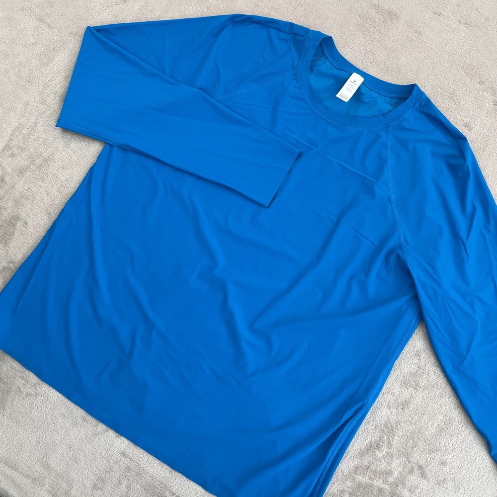 Lululemon Crew Neck Shirt Women Large Blue Nylon Blend Stretch Split Back Hem